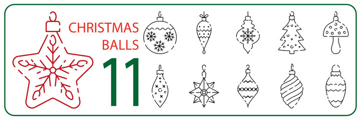 Christmas ball line icon set. Vector christmas tree toys and ball. Happy new year and holiday. Decoration