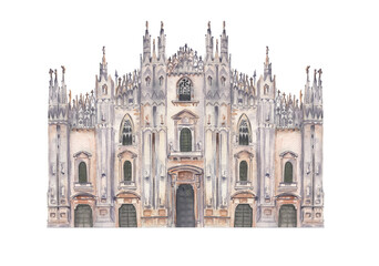 Obraz premium Italian Milan Duomo building Watercolor architecture illustration Png clipart Printable cut file, scrapbook, souvenir, greeting card, invitation, travel journey