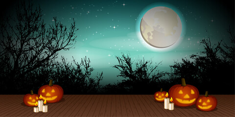 Halloween Theme Background in Green with Full Moon and Trees Silhouettes, Pumpkins and Candles. Vector Illustration