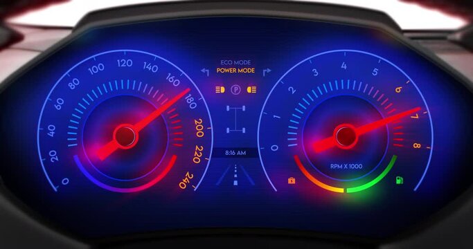 Sport Car Dashboard Pushing The Limits Of V8 Engine In Flames. Tachometer Showing Extreme Performance. Technology And Industry Related 3D Animation.
