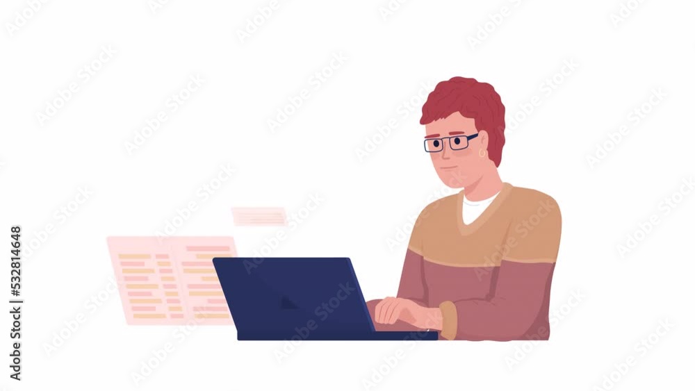 Poster animated web developer character. half body flat person 4k video footage with alpha channel. softwar