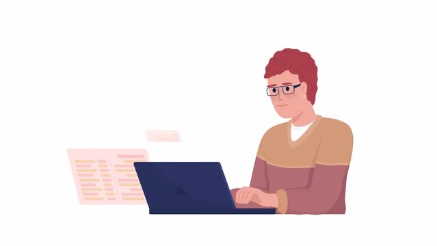 Animated web developer character. Half body flat person 4k video footage with alpha channel. Software engineering. Color cartoon style illustration for motion graphic design and animation