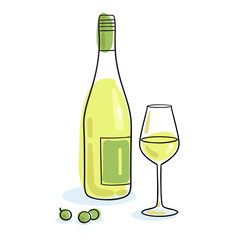 Bottle of white wine and wine glass. Handmade picture in line style. Black contour with colored spots. Isolated on white background.  Vector flat illustration. Template for menu design
