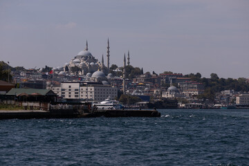 silhouette Istanbul city buildings from water Bosphorus or Golden Horn, public places.