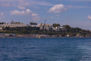 silhouette Istanbul city buildings from water Bosphorus or Golden Horn, public places.