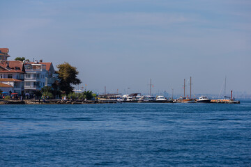 silhouette Istanbul city buildings from water Bosphorus or Golden Horn, public places.