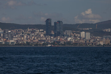 silhouette Istanbul city buildings from water Bosphorus or Golden Horn, public places.