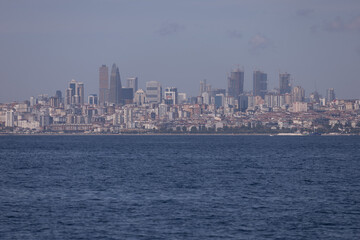 silhouette Istanbul city buildings from water Bosphorus or Golden Horn, public places.