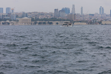 silhouette Istanbul city buildings from water Bosphorus or Golden Horn, public places.