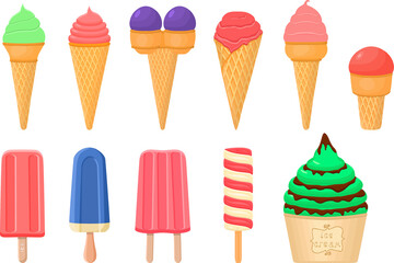 big kit ice cream popsicle different types in cone waffle cup