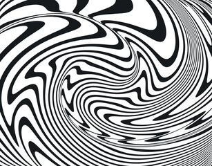 Line art optical art. Psychedelic background. Monochrome background. Optical illusion style. Black dark background. Tire Tracks. Graphic ornament. Vector template