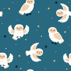 Fototapeta premium Seamless pattern with snowy owls and stars. Vector graphics.