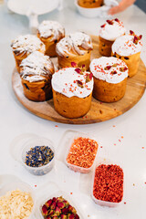 decorated panettones and cruffins. preparation easter cakes. 