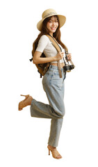 Asian woman traveler concept with back pack and camera looking to traveling in summer.