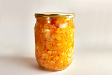 A jar of vegetable salad. Homemade twists.
