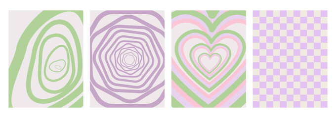 Vector set with geometric backgrounds. Stylish hypnotic pattern. Illustration of four abstract backgrounds with geometric shapes and hearts. Y2k concept. Template for poster or fabric design.