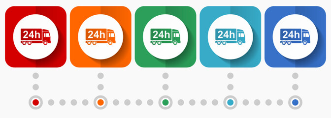 Delivery vector icons, infographic template, set of flat design truck symbols in 5 color options