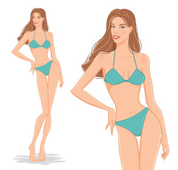 Vector fashion illustration of a beautiful, fashion model in a stylish swimsuit on a white background. Young, attractive woman posing in a bikini.