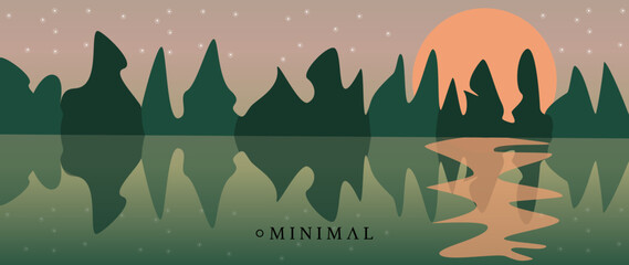 Vector flat illustration. The picture shows a landscape of night mountains with stars in the sky and the moon. Suitable for the cover of books and notebooks, as decor and photo wallpaper.