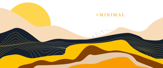 Vector background with mountains and sun. Golden lines and autumn colors. Abstract wallpapers for prints, art decor, wall art and canvas prints.