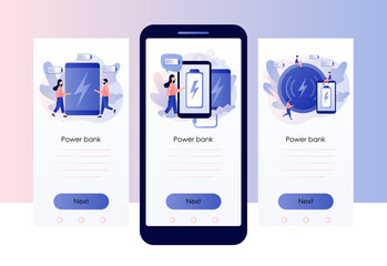 Powerbank concept. Portable charge. Smartphone wired charging. Device, smart digital technologies and accessories. Screen template for mobile, smartphone app. Modern flat cartoon style. Vector