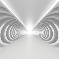 Modern white interior with tunnel space 3d rendering image. White curved corridor. There is light at the destination