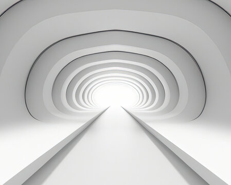 Modern white interior with tunnel space 3d rendering image. White curved corridor. There is light at the destination