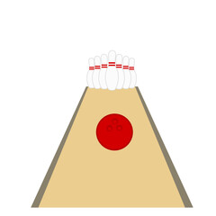 Bowling pins and red balls in a row.Skittles on bowling alley.Tournament template.Sign, symbol, icon or logo isolated.Relaxing and playing.Sport concept.Indoor game.Cartoon vector illustration.