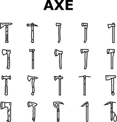 axe ax hatchet wood weapon icons set vector. tool equipment, blade lumberjack, tree, work forest, wooden steel, lumber sharp axe ax hatchet wood weapon black contour illustrations