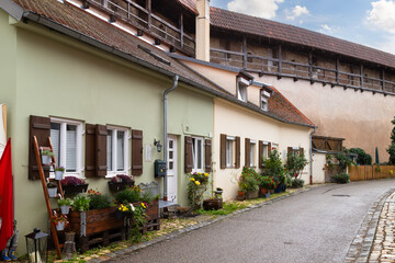 City wall and wall houses in the old town of Nördlingen in Bavaria, Germany.