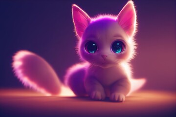 Adorable 3D animation baby kitten with a magical glow and background