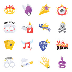 Set of Funky Elements of Rock Flat Icons
