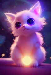 Adorable 3D animation baby kitten with a magical glow and background