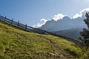 Latemar  Vormittags im Gegenlicht von Obereggen aus gesehen mit diagonalen Zaun  