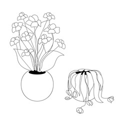 pot of flowers, pot of wilted flowers, black and white illustration, line, isolated