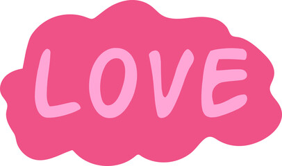 Love text. Girly 90s sticker, hand drawn patch, pin in pink color. Nostalgia 1990