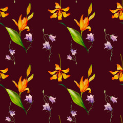 A pattern of lilies and bluebells. Watercolor illustration. Textile. Botanical illustration.