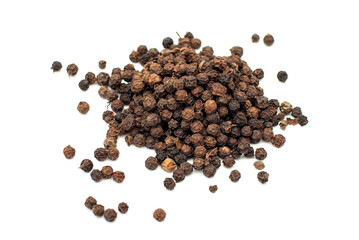 Black pepper, spice close-up flat lay on a white background. Indian and Arabic spices for cooking. Medicinal herbs and spices.