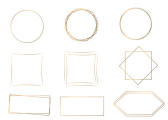 set of frames. golden frames. square, circle, polygon, rectangle. Use for invitations, cards, promotions, offers
