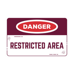 Stylish linear horizontal danger zone sign. Restricted area text and danger zone with lines and dots. Cartoon linear style sticker. Alert sign with information. Vector template for patch or sticker.