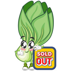 vector illustration of vintage cartoon character of lettuce Bok choy with a sign that says sold out