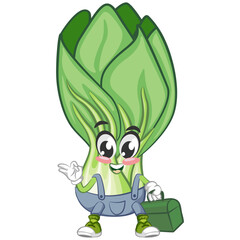 vector illustration of vintage cartoon character of lettuce Bok choy a handyman