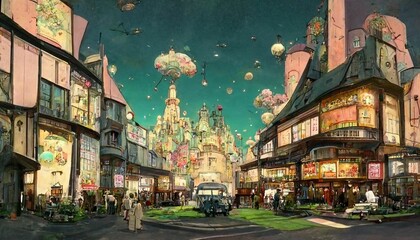 Street view of a wondrous amazing fantasy city town square.
