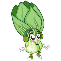 vector illustration of vintage cartoon character of lettuce Bok choy listening to the headset