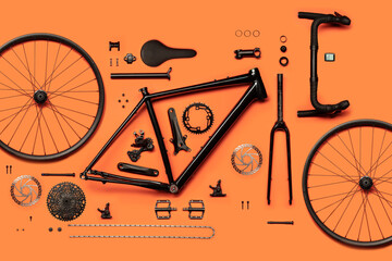 Gravel bicycle divided into its components. zenithal view,  10 gear microshift, single chainring,...