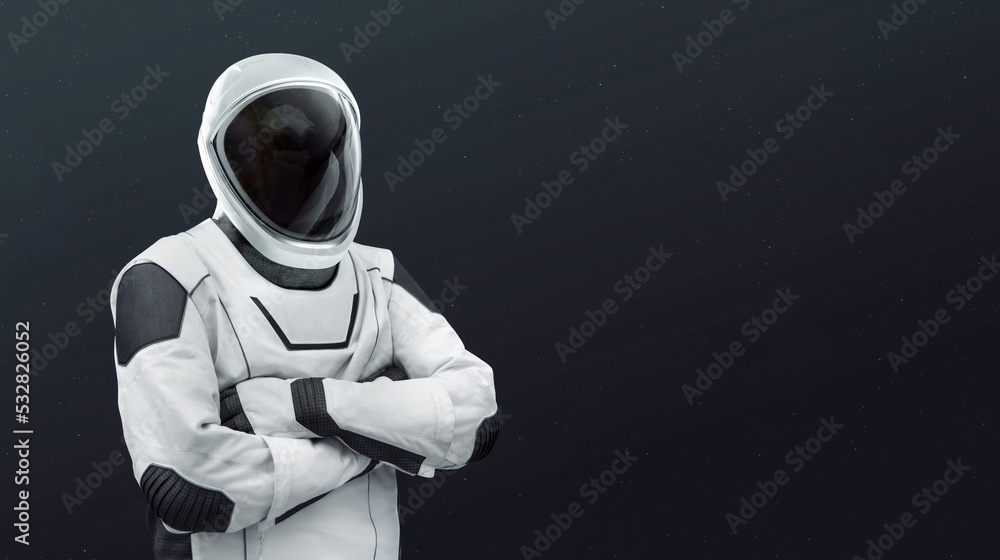 Poster astronaut stand isolated on dark background with stars. spaceman in spacesuit. elements of this imag