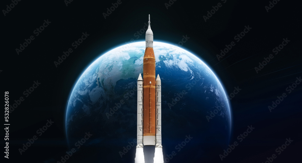 Poster Spaceship launch from Earth. Artemis space program. Return to Moon. Space launch system SLS. Rocket flight. Elements of this image furnished by NASA
