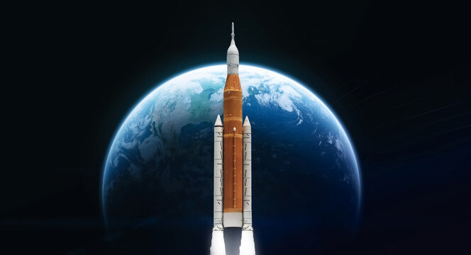 Spaceship launch from Earth. Artemis space program. Return to Moon. Space launch system SLS. Rocket flight. Elements of this image furnished by NASA