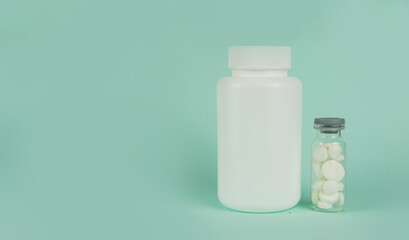 jar white packaging with medicines pills in medicine for treatment on a simple background