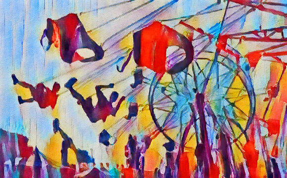 People are seen riding a carnival flying swing ride on the midway at a fair. This is a digital watercolor image.